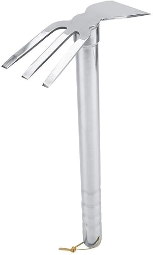 Miniatura 7 de Azada y rastrillo 2 en 1 de doble propósito de acero, mango de goma, rastrillo de garra corta, herramienta de jardín al aire libre para aflojar el