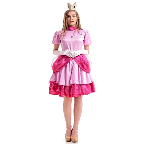 ABEHIK Belle Kost m Robe de princesse pour femme avec gants et couronne, pour cosplay, carnaval, Halloween, Noël - Rose - Taille L