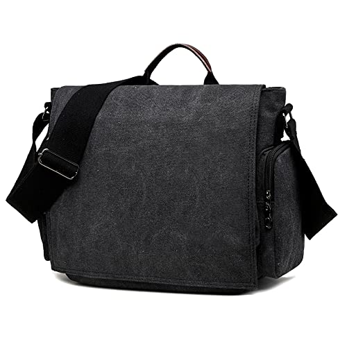 LOSMILE Schoudertas voor heren, canvas schoudertas, messenger bag, aktetas, laptoptas voor werk, school., zwart-M, Medium, Retro