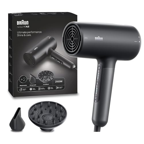 Braun Hair dryer HD4.2 Ultimate Performance, Shine & Care, HTDC Motor, 2100 Watts, Electronic Touch Control, with 2 Attachments Drying Nozzle, Curl Diffuser, BRHD425SDE - Electro Grey.