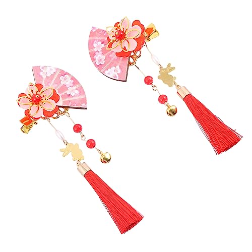 Healvian Lot De 2 Barrettes à Cheveux En Alliage Rouge Pompons Et Perles, Forme Éventail, Style Japonerie Pour Femmes Et Filles, Accessoire De Costume Pour Fêtes Et Cérémonies