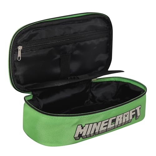 Minecraft Federmäppchen für die Schule, oval, offizielles Minecraft, ideal für die Aufbewahrung von Schreibwaren, mit Trennwand innen mit elastischen Schlaufen, Reißverschluss und Pixel zur