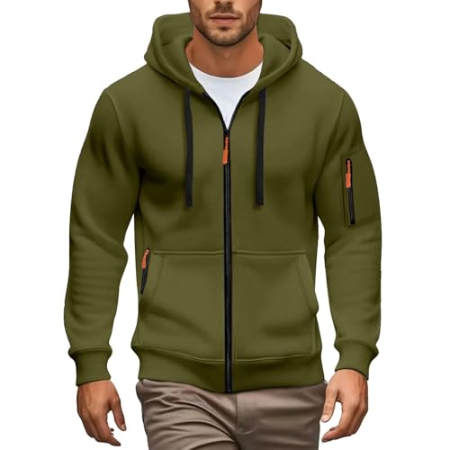 Sweat à capuche zippé pour hommes avec poches, manches longues, bord côtelé, coupe ajustée, décontracté, Vert, 3XL