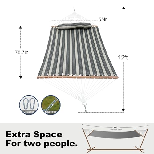 GAFETE Hammock 2 Person Quilted Fabric Hammocks for Outside, Double 12ft Hammocks with Spreader Bar, Large Removable Pillow, Storage Bag, Carabiners, Max 475 lbs Capacity (Mountain Mist Gray) by gafete - Image 7