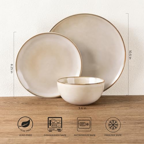 Image of GBHOME Ceramic Dinnerware Sets for 4, 12 Pieces Stoneware Plates and Bowls Sets, Reactive Glaze Dishes -Scratch Resistant, Dishwasher&Microwave Safe-Cappuccino