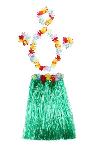 Matissa Women's Hula Skirts Hawaiian Grass Skirt and Flower Leis Headband, Necklace and Wristband for Laua or Beach Party (Green, Short (16