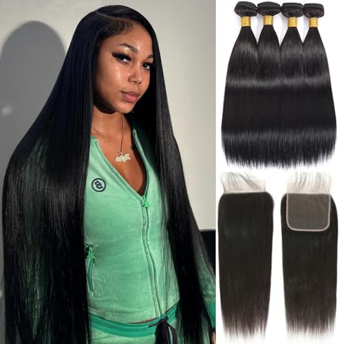 4 Bundles with Closure Human Hair Straight Bundles Human Hair for Black Woman (16 18 20 22+14 Closure) Sew In Hair Extensions Real Human Hair Glossy Hair Bundles Double Weft Black Color