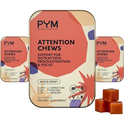 PYM Attention Chews Support for Procrastination, Focus & Productivity, 60 Count | 518mg L-Carnitine, 54mg Tyrosine, 11mg L-Taurine – Caffeine-Free | All-Natural Mood Boost Supplement Made in USA