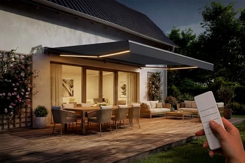 Cazeboo Store Banne Motorisé FAZZIO 495 x 300 cm 5 m 15 m² Gris Anthracite Aluminium LED Intégrées Terrasse Balcon Électrique Confort Automatique Capteur Vent Toile...