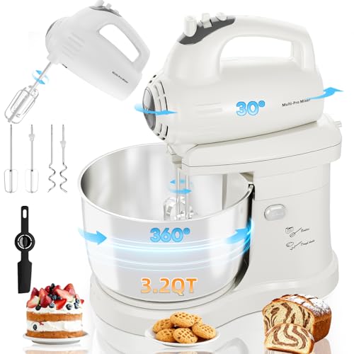 Comparison: Best Stand Mixer With Rotating Bowl 5 Stand Mixer & Hand Mixer Kitchen Electric - Automatic 3.2 QT Auto-Rotating Bowl & Beater Standing & Hand Mixer, 5-Speed Tilt-Head Household Mixer with Beaters& Dough Hooks for Baking, White