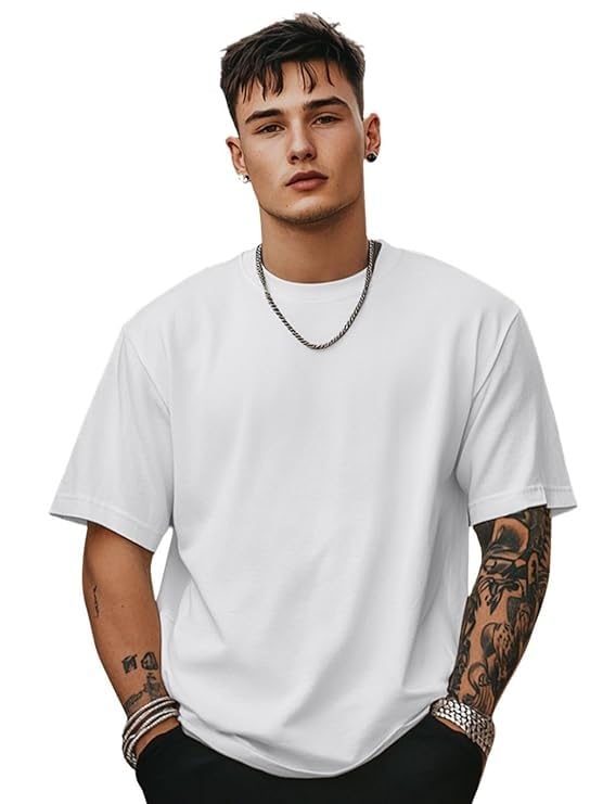 Image of Veirdo 100% Pure Cotton Drop Shoulder Oversized Baggy Fit Half Sleeve Plain Solid Round Neck Multicolor T-Shirt Combo for Men (Pack of 3) (Sizes S-2XL)