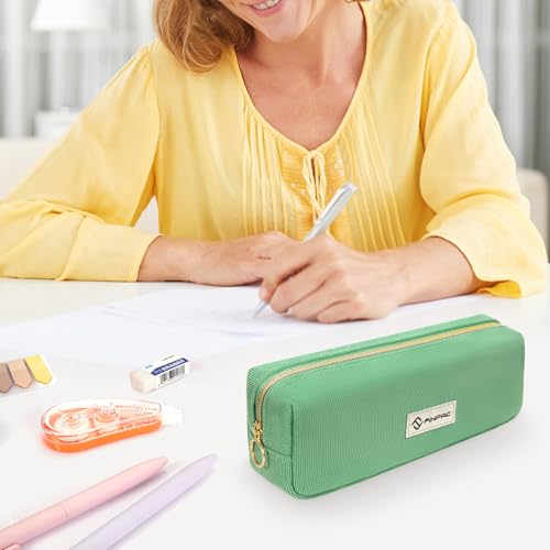 Image of FINPAC Pencil Case, Corduroy Aesthetic Makeup Bag, Cute Kawaii Pen Bag Pouch Holder Box Organize for Study, Office, or Travel (Grass Green)