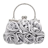 DODAMOUR Bolsa de cetim 3D Roses, bolsa floral de cetim com alça em relevo e alça de corrente, elegante bolsa de noite conversível para casamentos, galas ou eventos formais (prata)