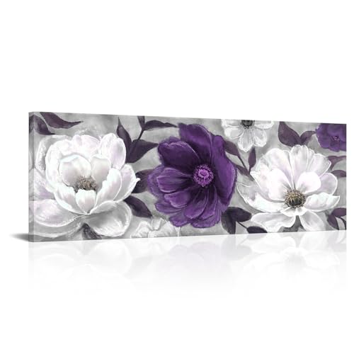 RyounoArt Purple Flower Wall Art Purple White and Grey Floral Canvas Painting Pictures Elegant Bedroom Wall Decor Framed 16Hx 48W inches (Purple)