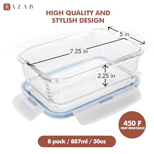 Image of Razab 16 Pc (Set of 8) 30 Oz Glass Meal Prep Containers with Lids, Airtight Large Glass Food Storage Containers, Reusable Leak Proof BPA Free, Freezer to Oven and Dishwasher Safe