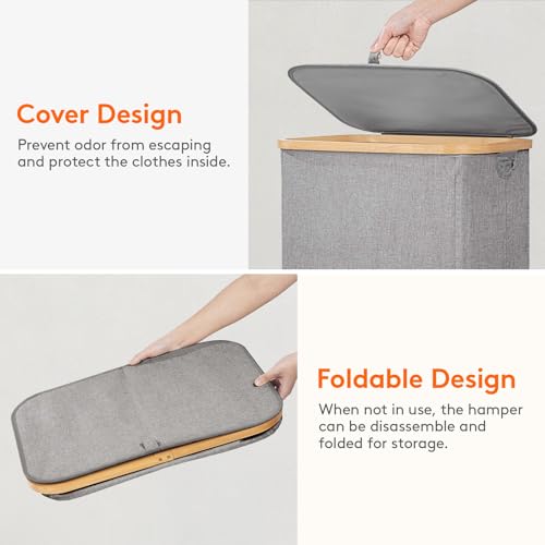 Lifewit 2 Pack 100L Laundry Basket with Lid, Clothes Hampers for Laundry with Bamboo Handles and A Removable Laundry Bag, Large Foldable Laundry Hamper for Bedroom, Bathroom, Dorm, Light Grey - Image 7