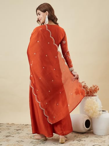 Image of MOKOSH Women's Silk Embroidery Kurta Sharara with Dupatta | Kurta Set | V Neck Full Sleeve Ethnic Suit | Indian Kurta Outfit with Sharara |3 Piece Outfit