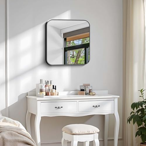 Image of Black Bathroom Mirror, 18 x 18 inch Square Mirrors for Wall, Metal Frame Rounded Corner Vanity Mirror for Over Sinks Modern Bedroom Living Room Horizontal Or Vertical Mounting