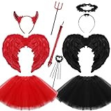 Xtinmee 2 Sets Halloween Angel and Devil Costumes Black and Red for Women Includes Headband Tutu Skirt Wings and Devil Horns Tail Bow Tie Fork Angel Wand for Cosplay Party Dress up Accessories