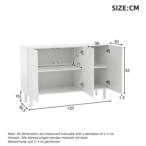 vutizal 3 Türen Sideboard Weiß mit verstellbaren Fächern, Aufbewahrungsschrank MDF strukturiert, 5 Ebenen Kommode für Wohnzimmer & Flur, 120x39x79 cm