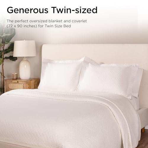 Threadmill Luxury Cotton Blankets for Twin Size Bed | All-Season 100% Cotton Twin Blanket for Bed | Criss Cross Jacquard Lightweight, Soft & Cozy Coverlet, 350GSM, 68 x 90 inches | White