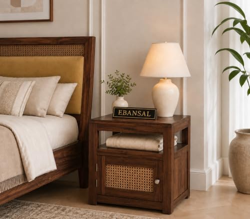 Image of Solid Sheesham Wood Bedside Table with Cane Door | Wooden Nightstand with Open Shelf & Storage Cabinet | Modern Side Table for Bedroom & Living Room
