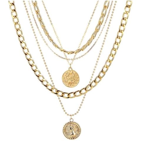 INENIMARTJ Chunky Gold Necklace for Women Gold Pirate Necklace Gold Layered Link Chain Choker Necklaces Punk 80s 90s Necklace Pirate Jewelry for Women Prom costume (A Coin) Cover