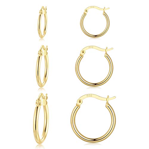 Silver Hoop Earrings for Womens, 3 Pairs LYTOPTOP Small Gold Hoop Earrings Set Hypoallergenic 925 Sterling Silver Post Huggie Hoop Earings for Mens Girls Gifts (12mm/15mm/20mm)
