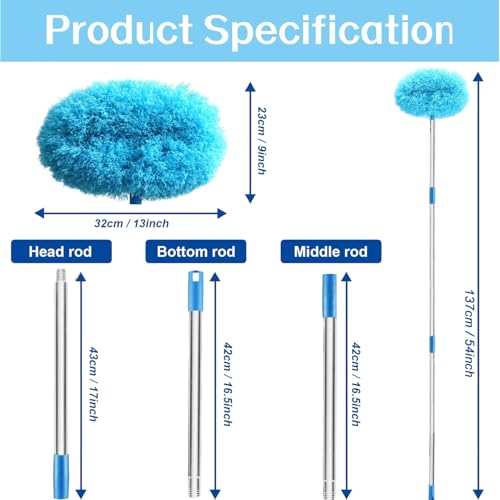 Image of Maxoshine Fan Cleaner Brush with Long Rod Flexible Fan Cleaning Mop Microfiber Dust Cleaner Foldable Duster Microfiber Duster for Cleaning of Home, Kitchen, Car (Blue+Yellow)