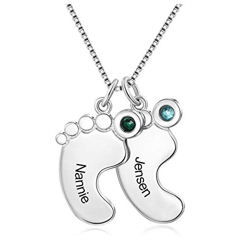 Personalised Necklace for Mother 1-4 Custom Baby Feet Pendant Necklace for Mom with Simulated Birthstone Free Engraving Baby Name or Date (2 name) Cover