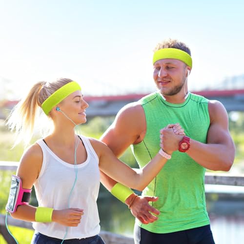Image of 24 Pieces 80s Neon Sweatbands Set, Include 8 Sports Headbands and 16 Sweat Wristbands Elastic Athletic Tennis Sweat Bands Bulk for Man Woman