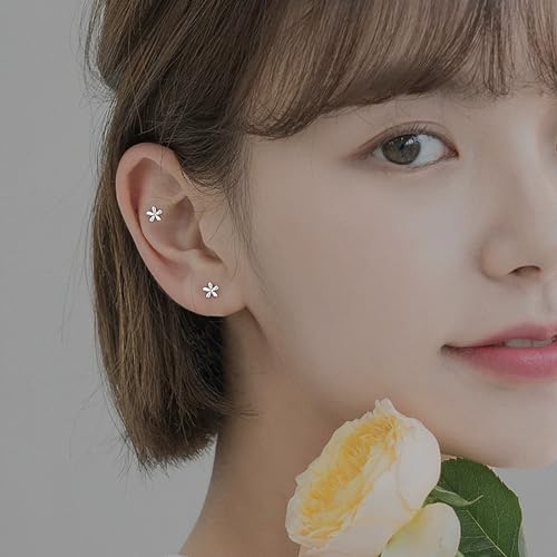 Mini Silver Flower Studs Earrings, 14K White Gold Plated Tiny Daisy Studs Earrings for Women3