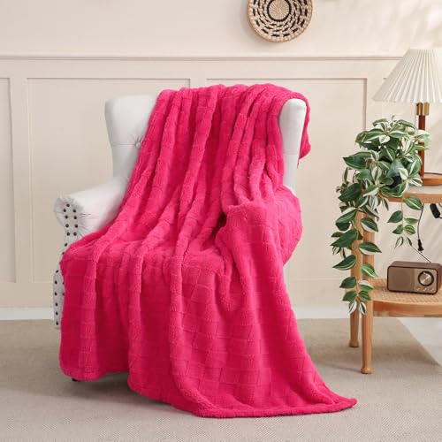Linecooo Hot Pink Fleece Throw Blanket 5060Checkered Design for Couch