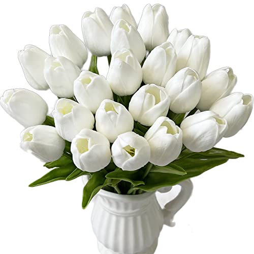 UKELER 24 Pcs Pure White Flowers Fragrant Artificial White Tulip Flowers for Floral Home Decorations Centerpieces Arrangement Wedding Bouquet