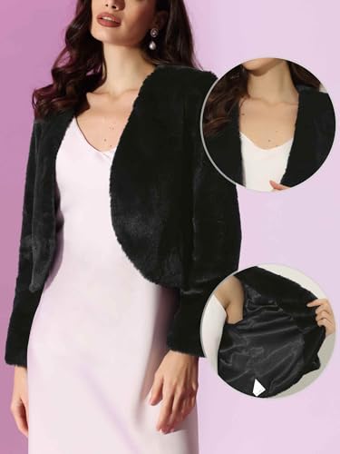 Allegra K Cropped Jacket for Women's Faux Fur with Pockets Long Sleeve Open Front Wedding Bolero Gowns Coat2