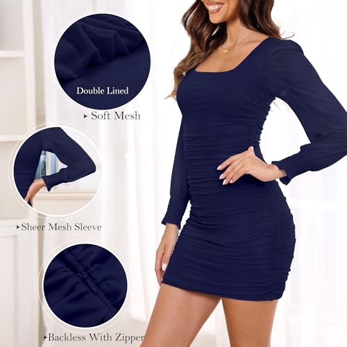 Zattcas Women's 2025 Spring Summer Mesh Long Sleeve Square Neck Ruched Wedding Guest Cocktail Party Club Bodycon Mini Dress4