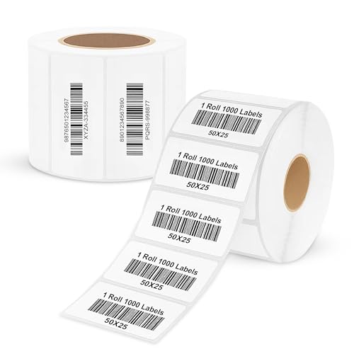 Image of Direct Thermal Sticker Labels 50x25mm (2x1 Inch) - Barcode & MRP Label Roll, 1000 Labels Per Roll, Pack of 2 for Billing & Retail Use