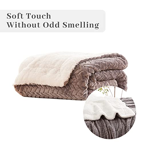Sunstyle Home Sherpa Fleece Blanket Full Grey Soft Cozy Plush Fluffy Flannel Thick Blanket Leaf Jacquard Luxury Winter Warm Reversible Blankets For Couch, Sofa, Bed 60X80 #TOP5