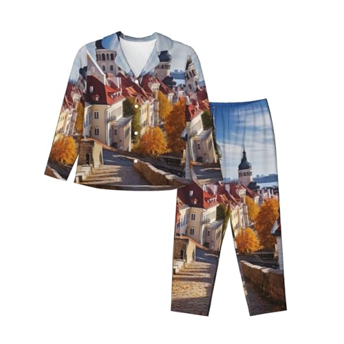Pyjama femme noir doux Tallinn Estonia : le cadeau idéal en ensemble de nuit boutonné 2 pièces