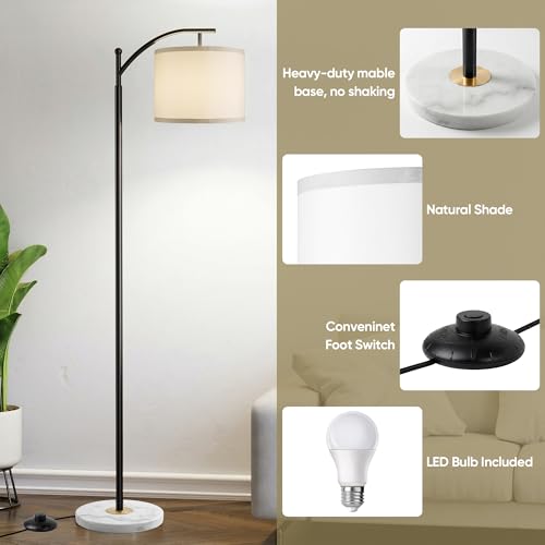 Image of Floor Lamp for Living Room with Marble Base, Modern Standing Lamp with 3 Color Temperatures Bulb & Adjustable Linen Shade, Tall Lamp for Bedroom Office Reading Nursery