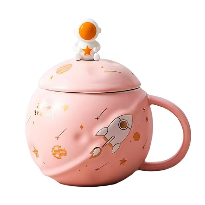 Image of NOSCOMP Astronaut Coffee Mug with Lid & Spoon| Space Travel Ceramic Coffee Mug with Astronaut Lid, Available in Blue, Pink and Black (Blue&Pink)