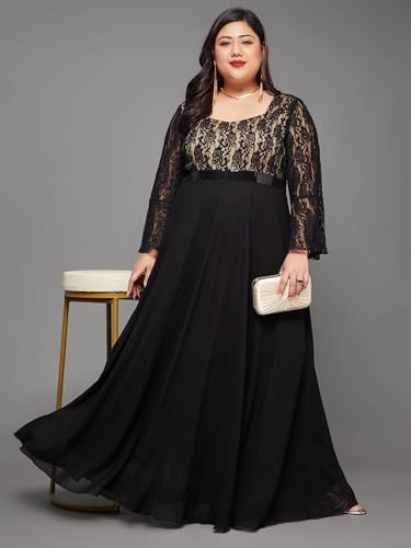 Image of Miss Chase A+ Women's Floral Printed Relaxed Fit V -Neck 3 /4Th Sleeve Georgette Maxi Dress