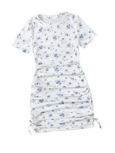 SHENHE Girl's Floral Ruched Short Sleeve Crew Neck Tie Side Bodycon Pencil Mini Dress
