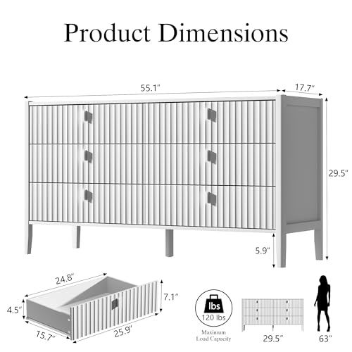 Image of Furniway White 6 Drawer Dresser, Modern Wide Dresser for Bedroom, Fluted Wood Chest of Drawers with Metal Handles for Clothes, Storage Cabinet for Living Room, Entryway, Office