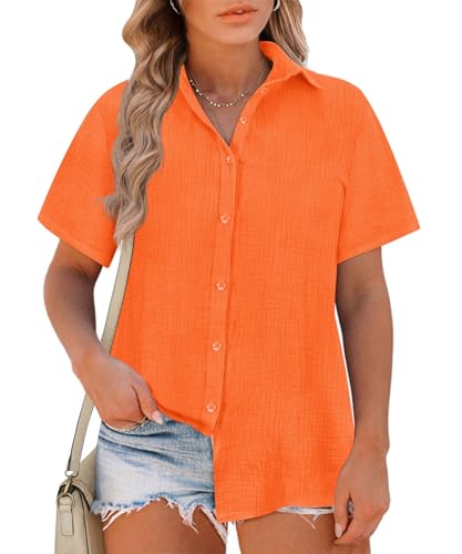 RITERA Womens Plus Size Tops Button Down Short Sleeve Shirts Orange Blouses Shirts Wrinkle Free Soft Beach Tops Work Blouses Lightweight Casual 2XL 18W 20W
