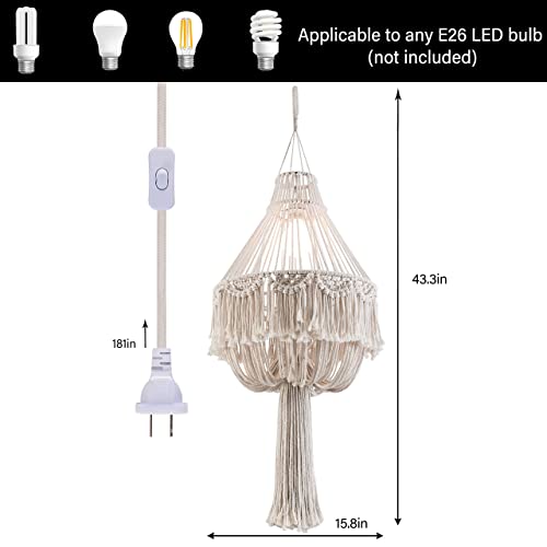 Goso Handmade Macrame Chandelier Plug In Woven Hanging Lamp 15Ft Hemp Rope Boho Pendant Light With On/Off Switch For Bedroom Living Room Party Home Decor H43 Xd16 Ivory #TOP1