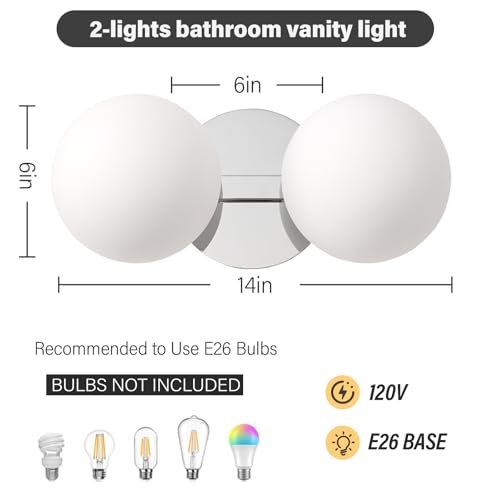 Image of Chrome Globe Wall Sconce,Vanities Lights with 2 Milk Glass Shades | 6 inch Modern Spherical Vanity Sconces,Contemporary Small Brass Ball Lights Fixture for Entryway Bedside Bathroom,E26 Base
