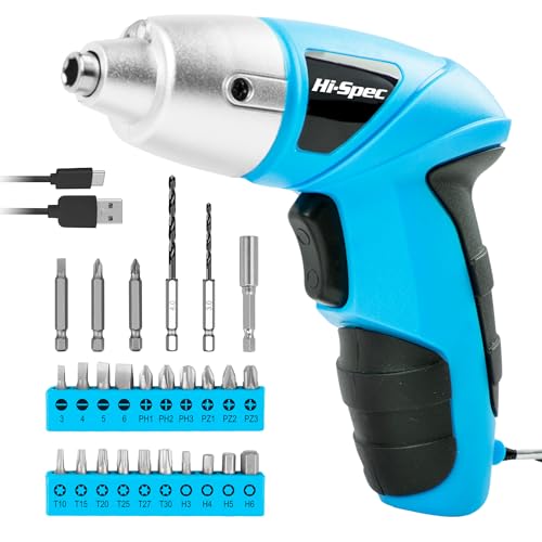 HI-SPEC Kleiner Akkuschrauber in Blau mit wiederaufladbarem 3.6-V-Akku und LED-Licht. 26-teiliges...