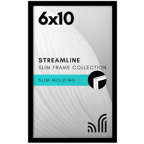 Americanflat 6x10 Picture Frame with Shatter-Resistant Glass - Streamline Collection - Thin Border Photo Frame for Tabletop and Wall Display - Hanging Hardware and Easel Stand Included - Black