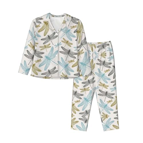 Pyjama imprimé libellule femme pour stopper l'inconfort nocturne avec un ensemble boutonné